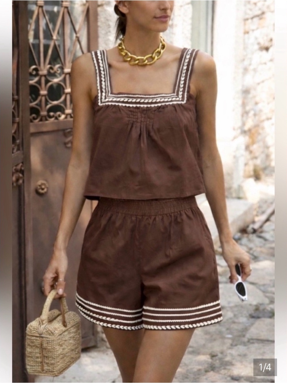 Brown Two-Piece Sleeveless Crop top + Shorts Set with White Trim - Picture 11 of 11